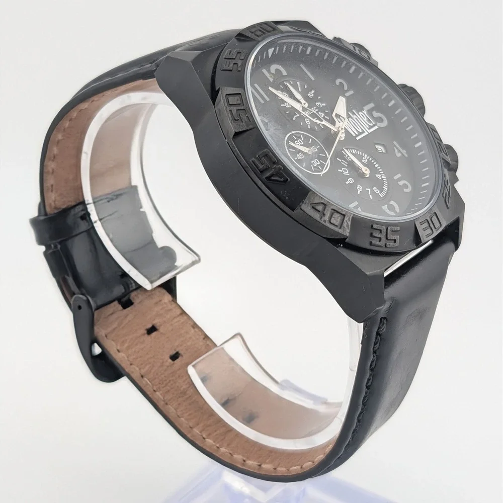 Wohler Lorhard Collection Chronograph Black IP Date Leather Men's Watch 46mm